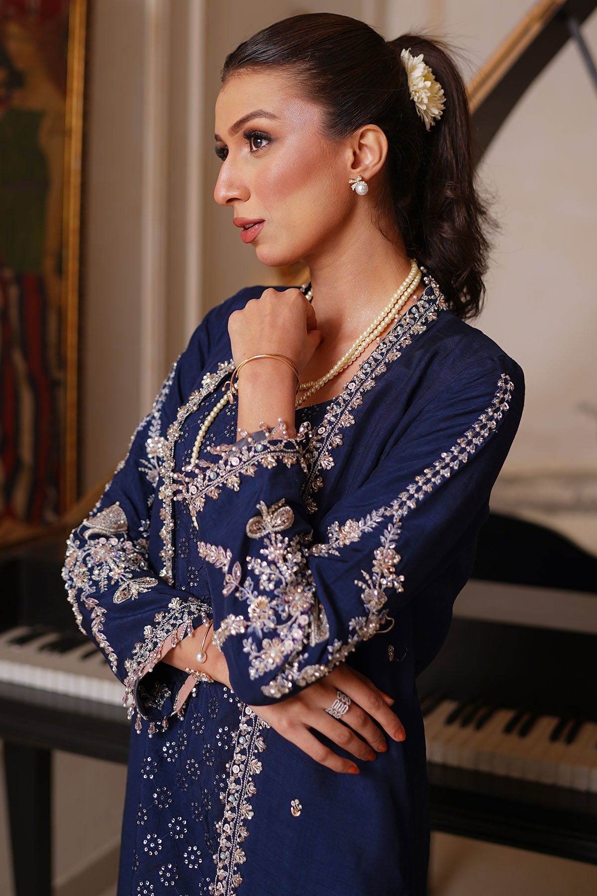 "Detailed close-up of Motifz 0083 Elisha stitched Korean silk shirt bodice, highlighting delicate hand-embellished zardozi work, tilla embroidery, and intricate sequin detailing."