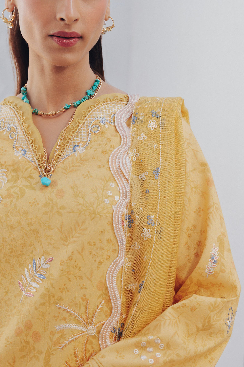 "Detailed drape view of the fluid luxury embroidered dupatta paired with the Qalamkar QBP-06 CLARA formal suit from Mirha Collections."