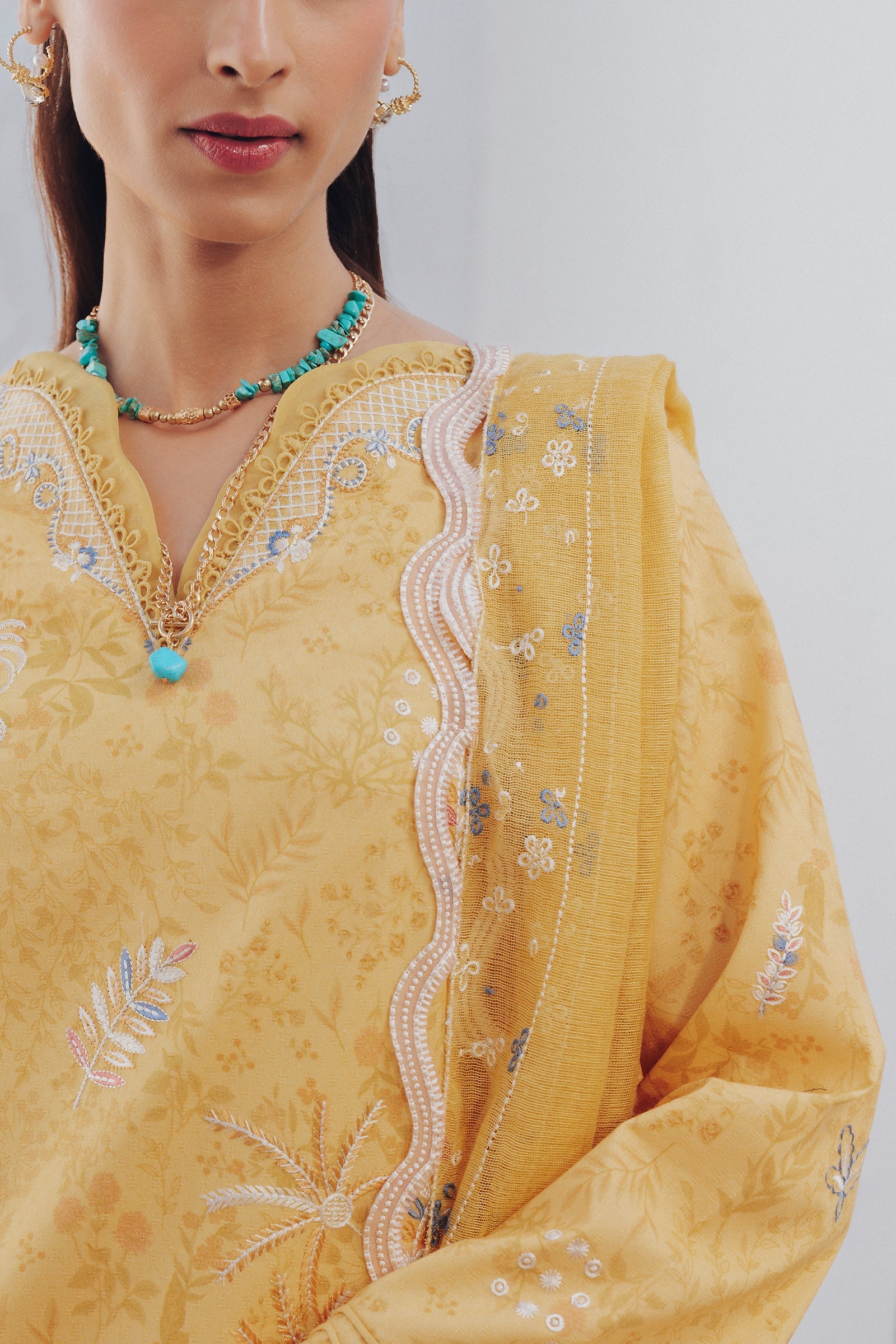 "Detailed drape view of the fluid luxury embroidered dupatta paired with the Qalamkar QBP-06 CLARA formal suit from Mirha Collections."