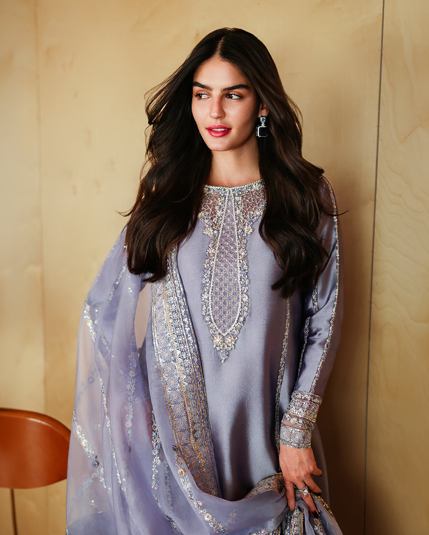"Detailed drape view of the fluid luxury embroidered dupatta paired with the Mushq Aysel formal suit from Mirha Collections."