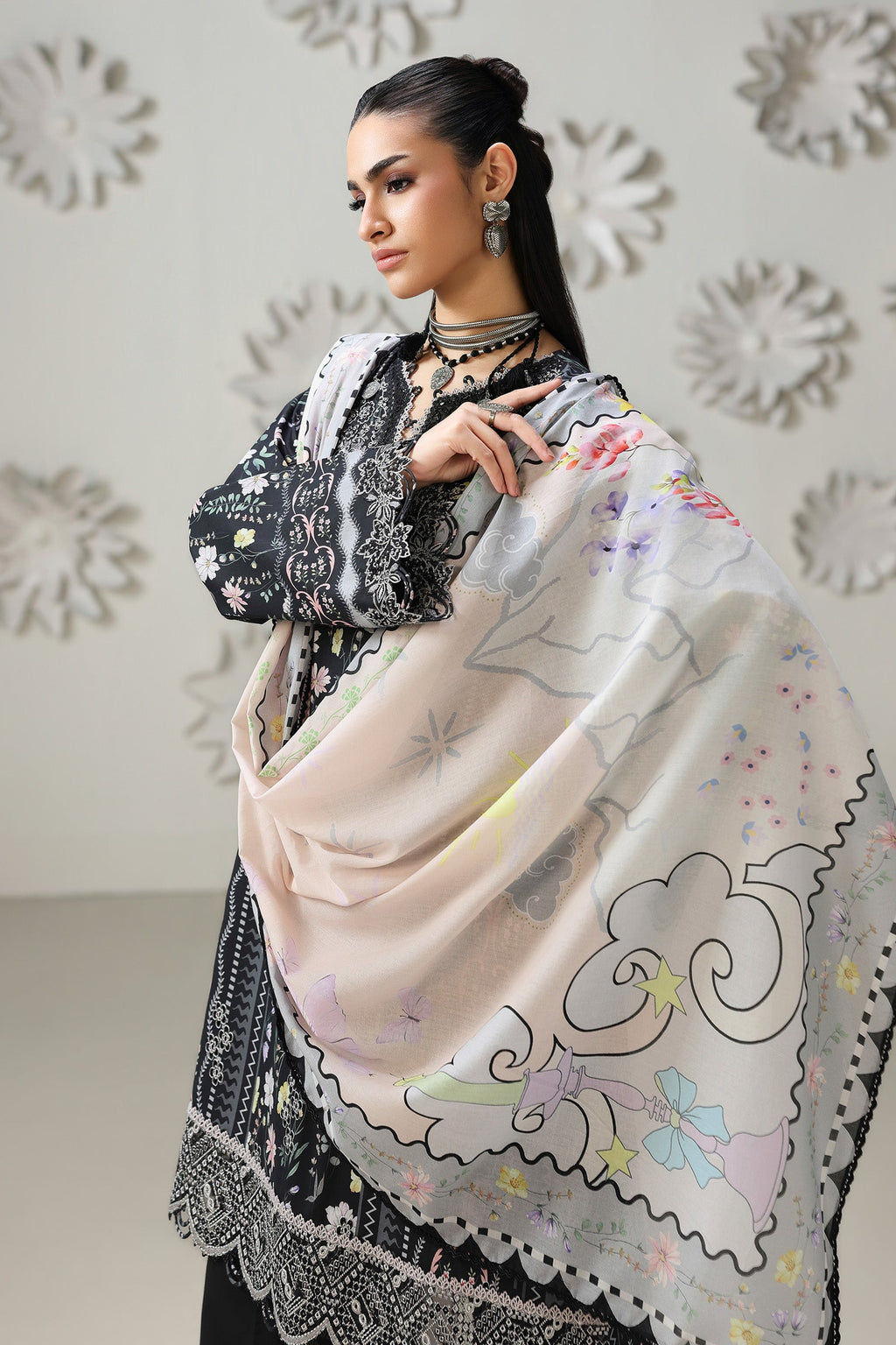 "Close-up detailing on the Qalamkar QQP-08 (A) AMEL shirt bodice, displaying fine threadwork embroidery, embellished neck finishes, and soft fabric texture."