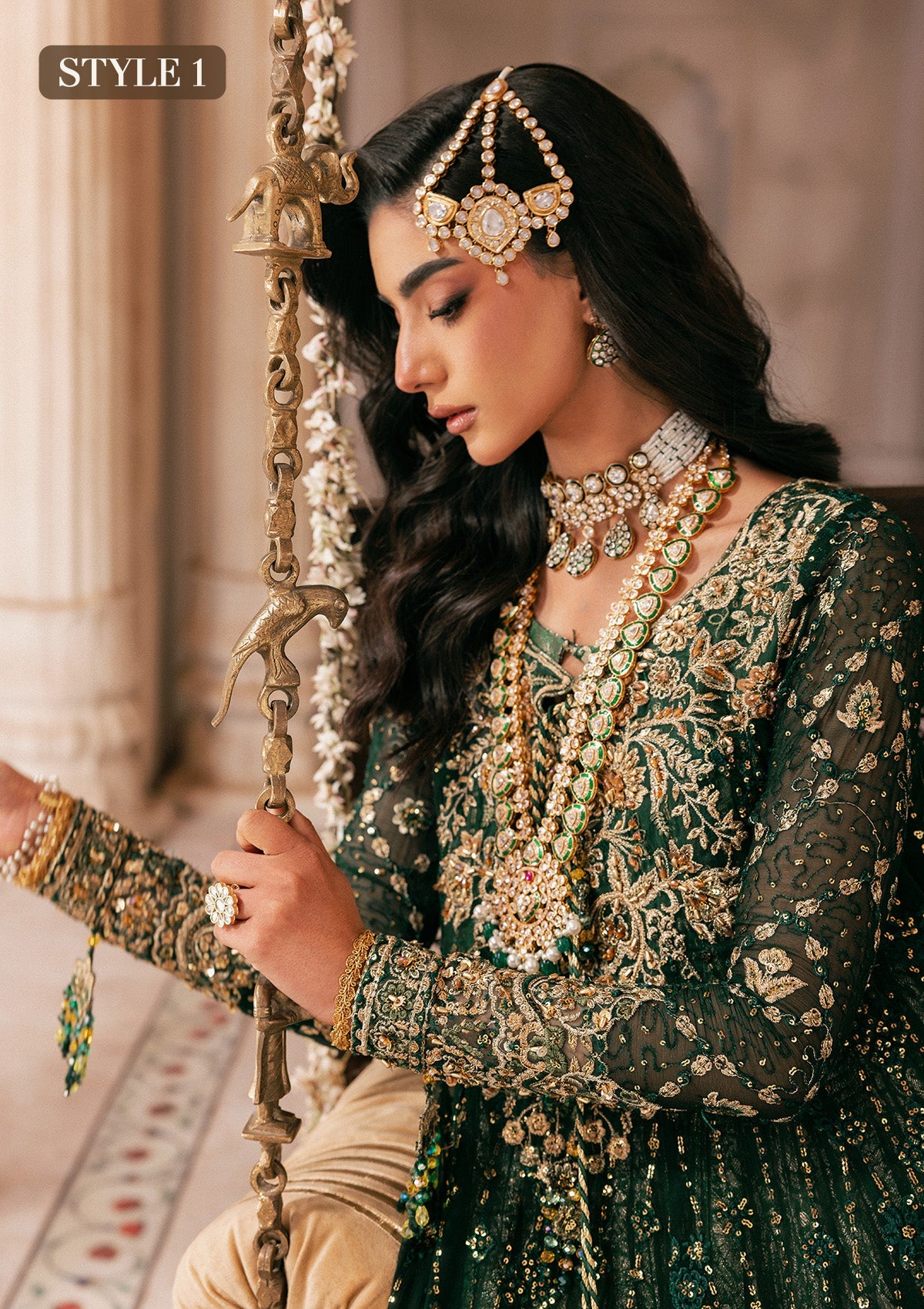 "Side frame and sleeve profile view of the Aik Wedding Festive Look A2604 ensemble, focusing on the multi-layered embroidered organza patch borders, clean structural stitching, and lace insertions."