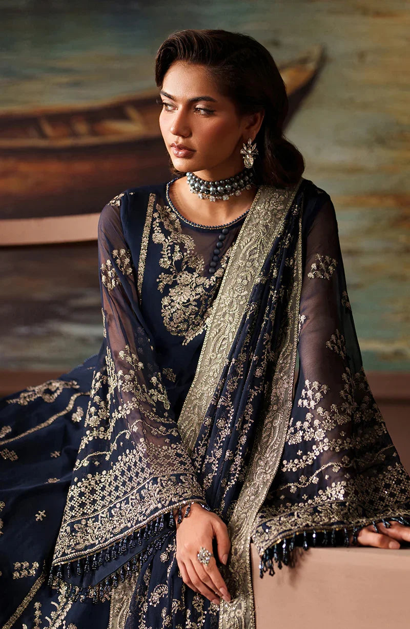 "Detailed drape view of the fluid embroidered dupatta paired with the Zarif ZRF-PRC-06 FELICIA luxury ensemble from Mirha Collections."