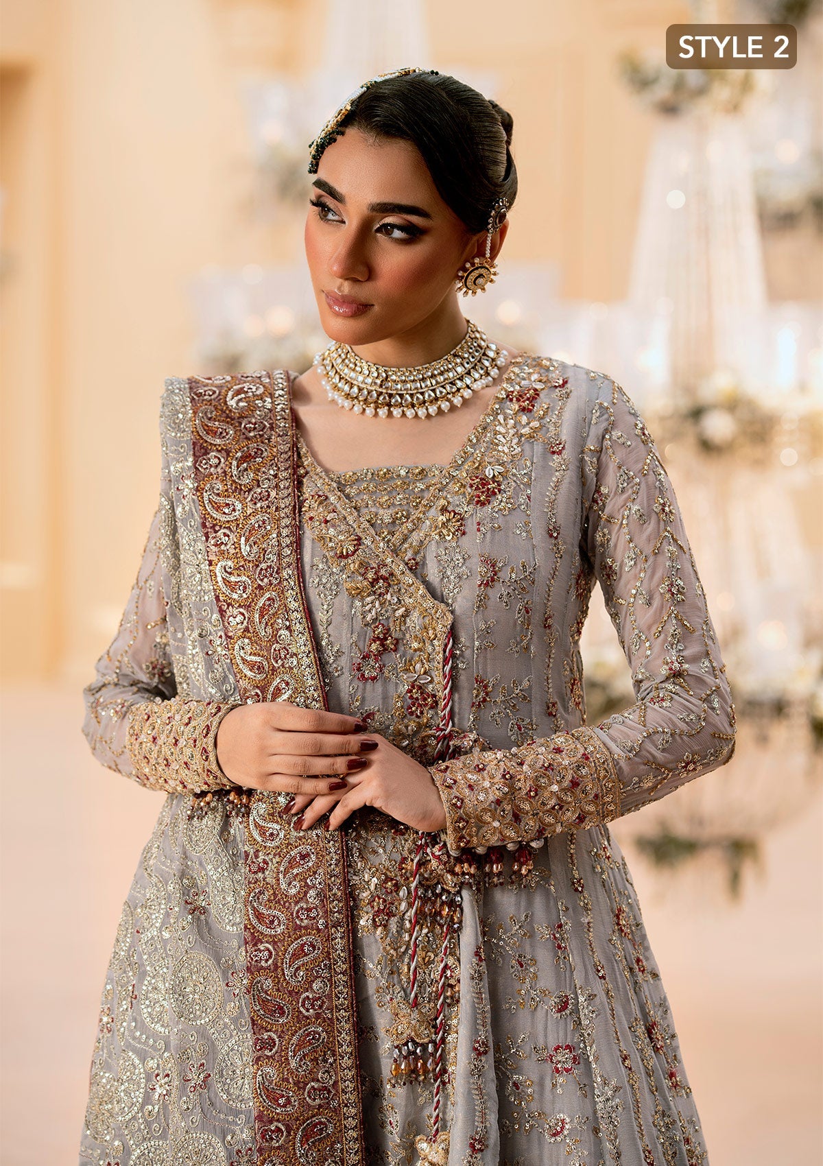 "Detailed view of the luxury embroidered dupatta from the Aik Wedding Festive A2502 collection, emphasizing the soft translucent drape, striking embroidery sprays, and clean scalloped edge border details."
