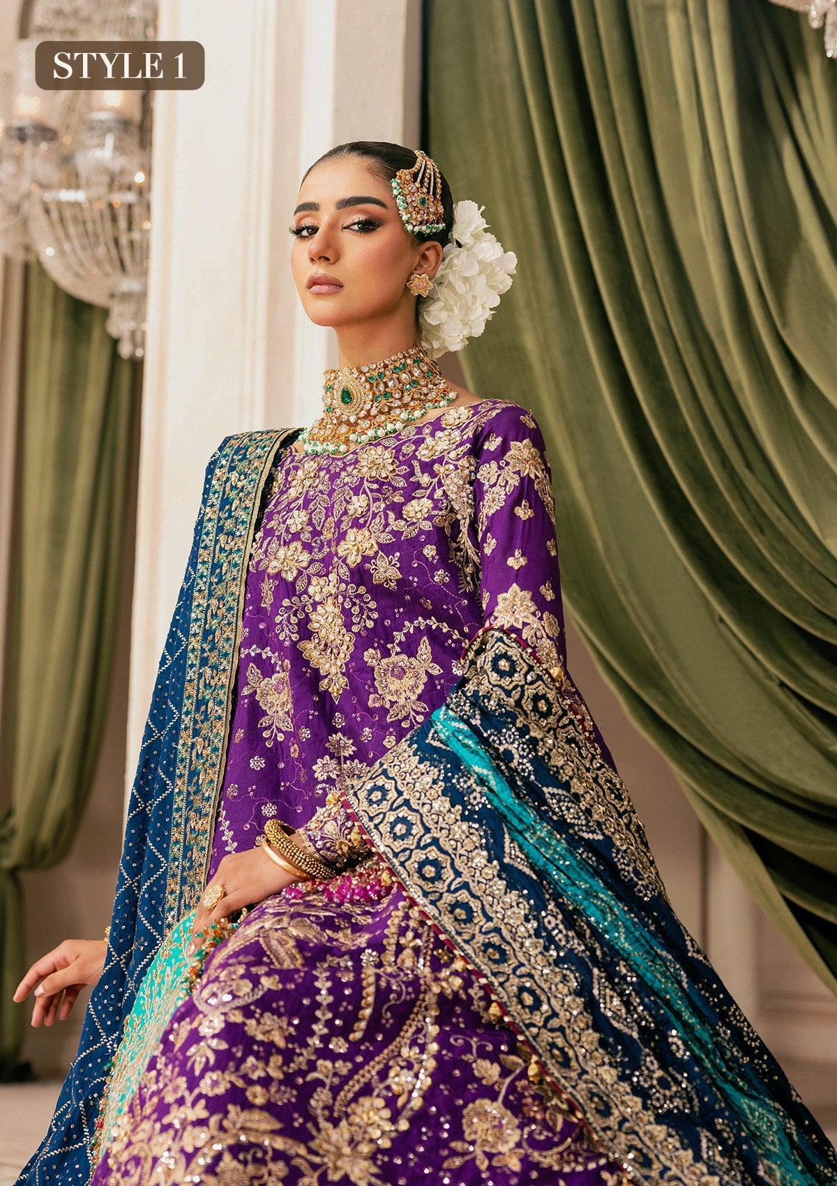 "Close-up premium craftsmanship on Look A2601 festive dress, highlighting the intricate traditional hand embellishments, delicate threadwork on the medium silk base, and the attached sheer organza front patch border."
