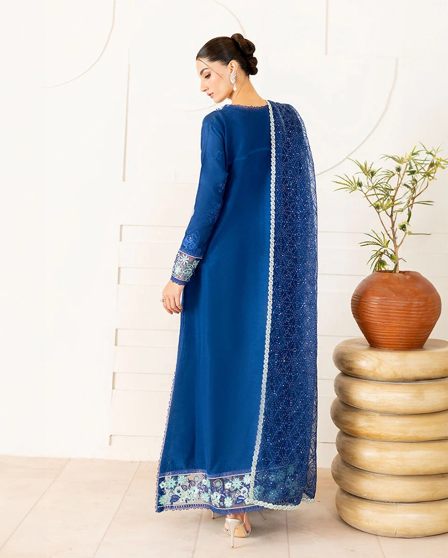 "Detailed drape view of the fluid luxury embroidered dupatta paired with the Mushq Kayra formal suit from Mirha Collections."