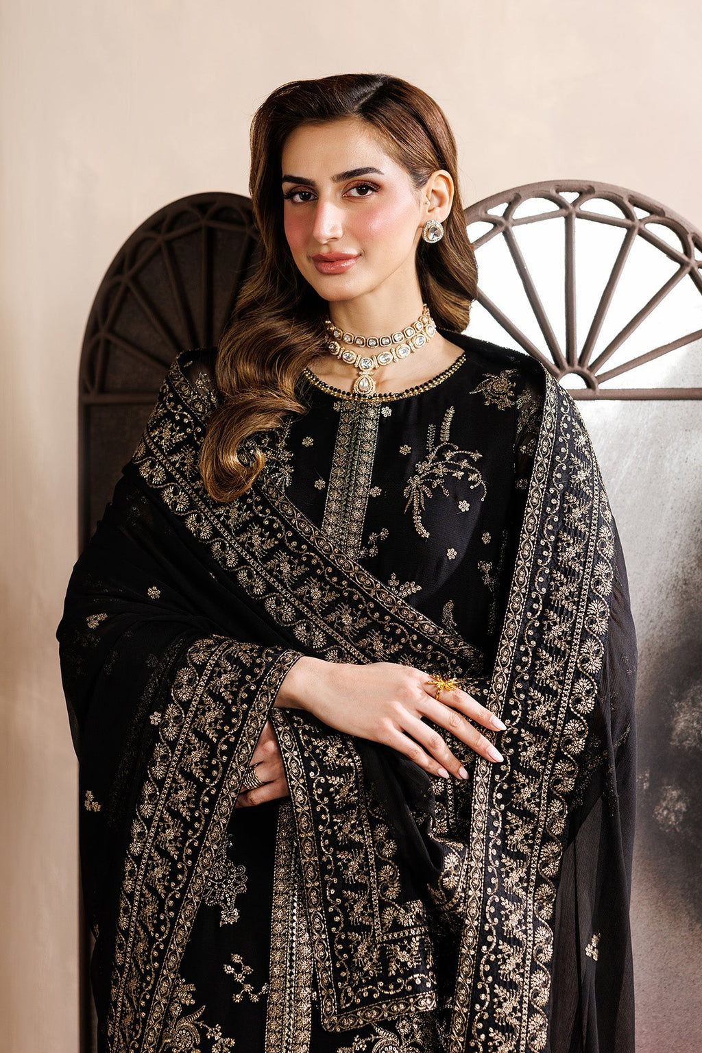 "Close-up detailing on the Zarif ZYR-SUMBUL-05 shirt bodice, displaying fine threadwork embroidery, embellished neck finishes, and soft fabric texture."