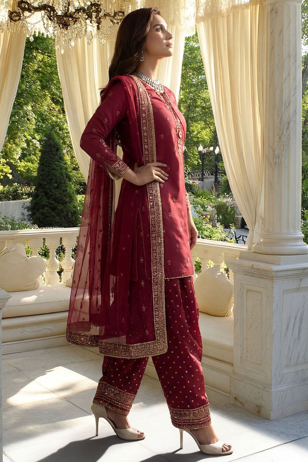 "Detailed shot of the luxury embroidered dupatta from the Motifz Maisia ensemble, showcasing fine border details and rich silk/organza texture."