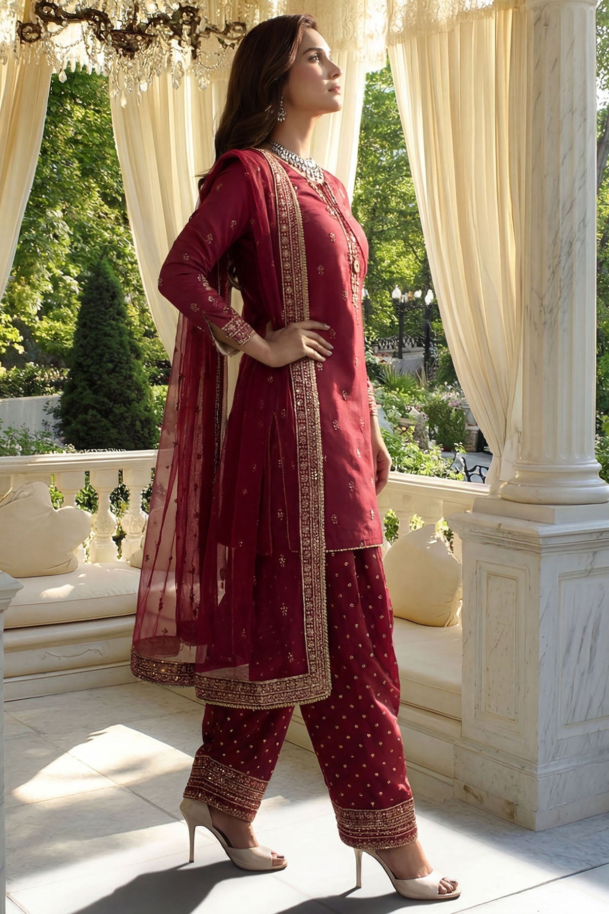 "Detailed shot of the luxury embroidered dupatta from the Motifz Maisia ensemble, showcasing fine border details and rich silk/organza texture."