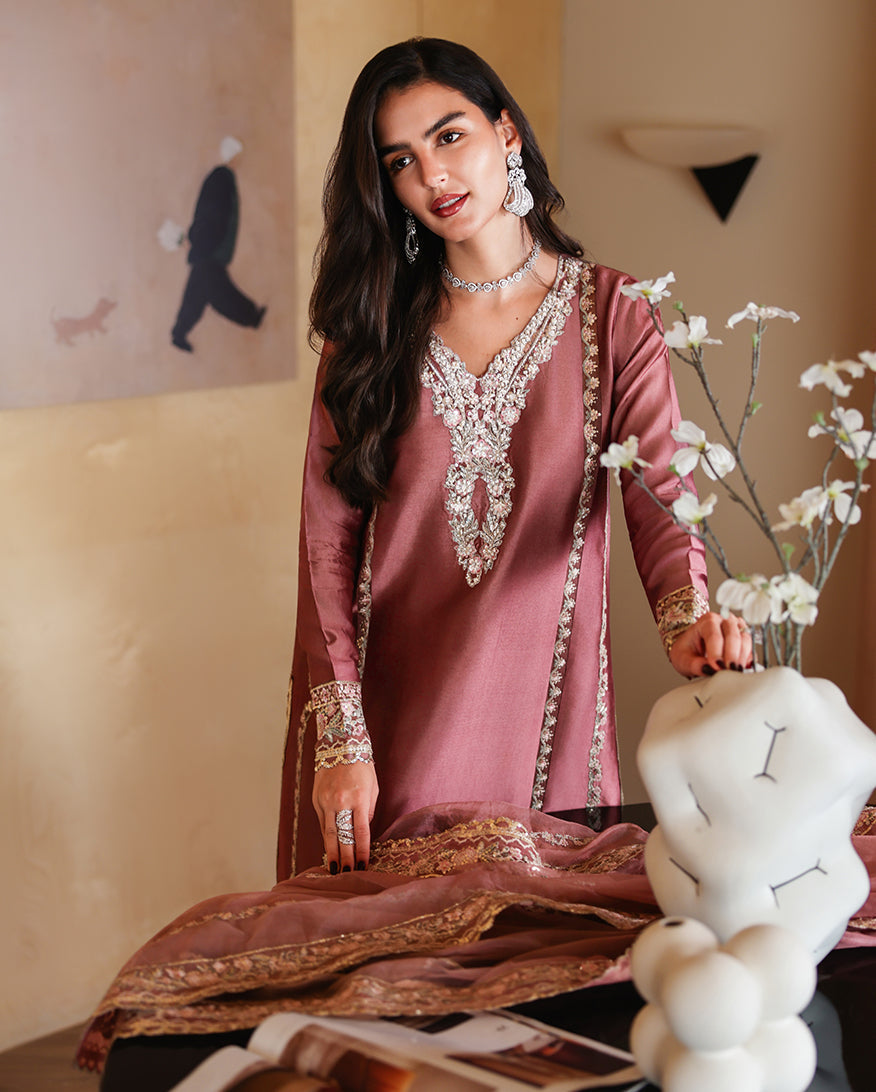 "Detailed drape view of the fluid luxury embroidered dupatta paired with the Mushq Rowa formal suit from Mirha Collections."