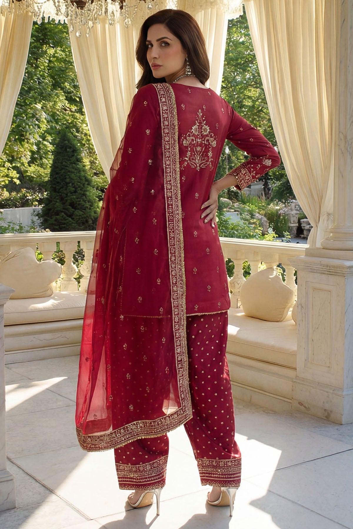 "BAck and sleeve profile view of Motifz Maisia Stitched, featuring multi-layered embroidered patch borders, organza extensions, and clean boutique cuff tailoring."