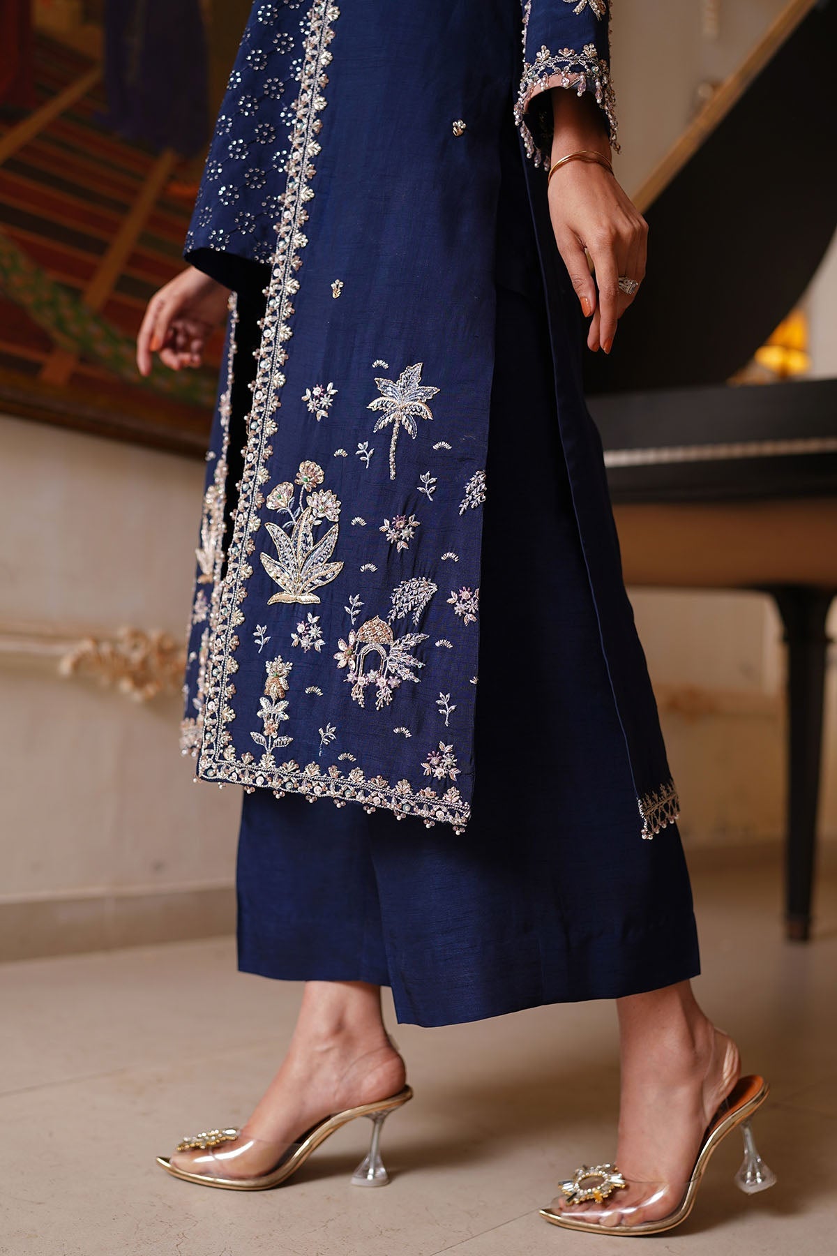 "Sleeve and hemline close-up of Motifz 0083 Elisha hand embellished Korean silk ensemble, showcasing multi-layered patch borders and precision boutique stitching."