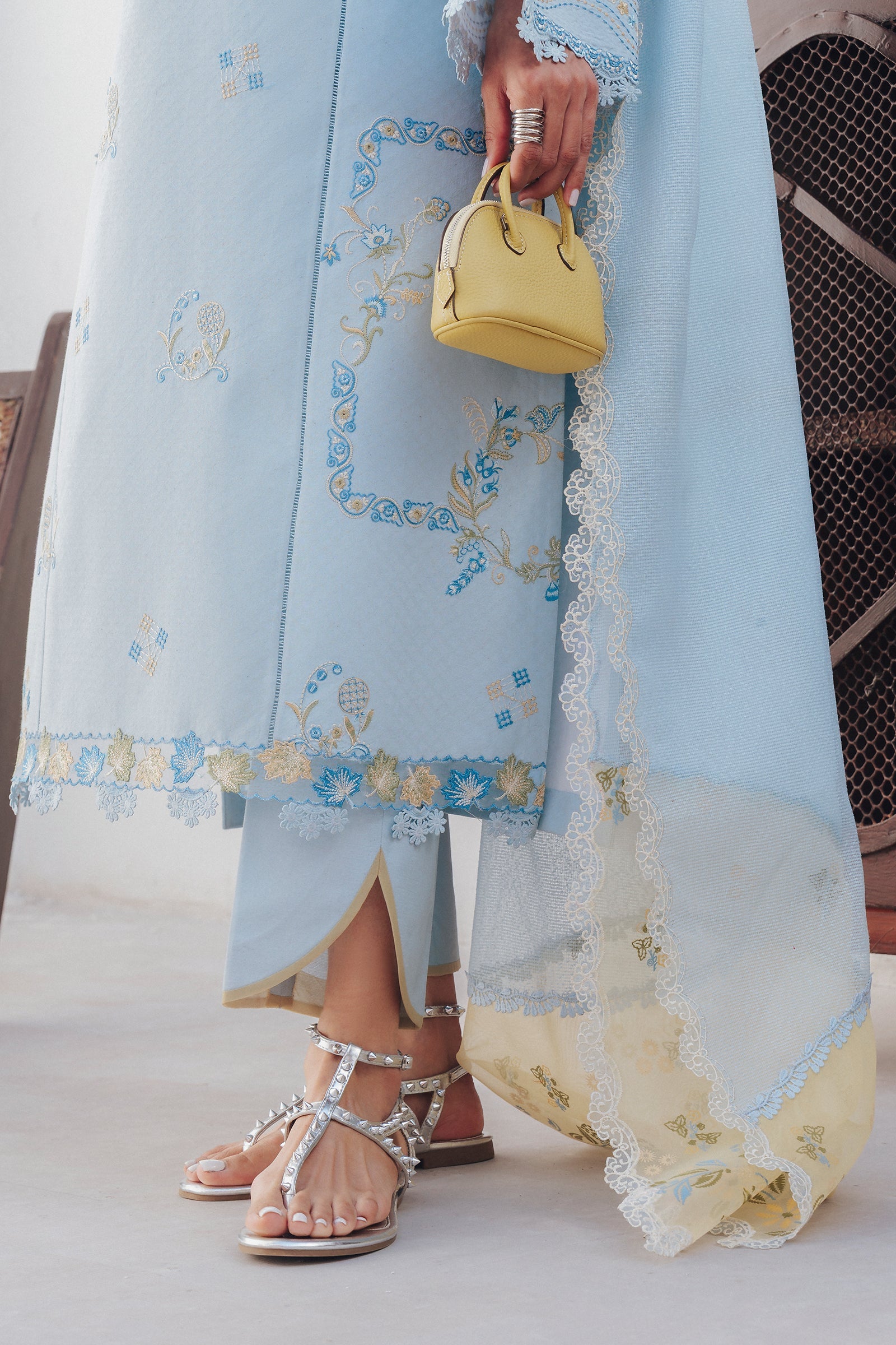 "Close-up detailing on the Qalamkar QBP-05 MARTA shirt bodice, displaying fine threadwork embroidery, embellished neck finishes, and soft fabric texture."