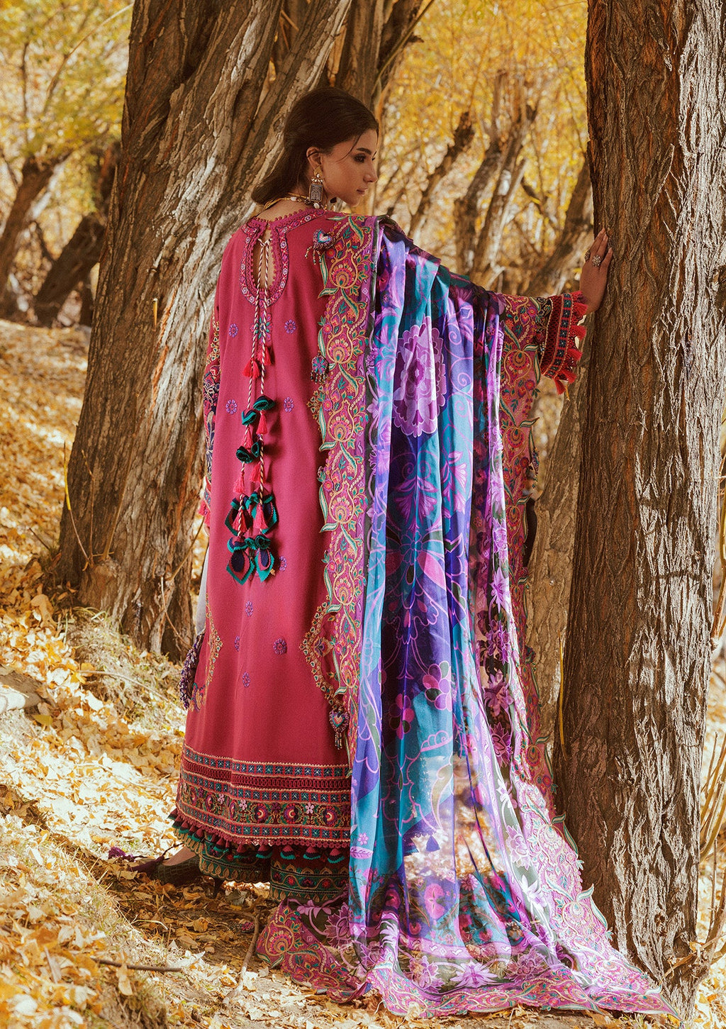 "Detailed shot of the soft luxury dupatta from the Aik Lawn A2609 collection, highlighting its vibrant print layout, sheer texture, and light fluid drape."