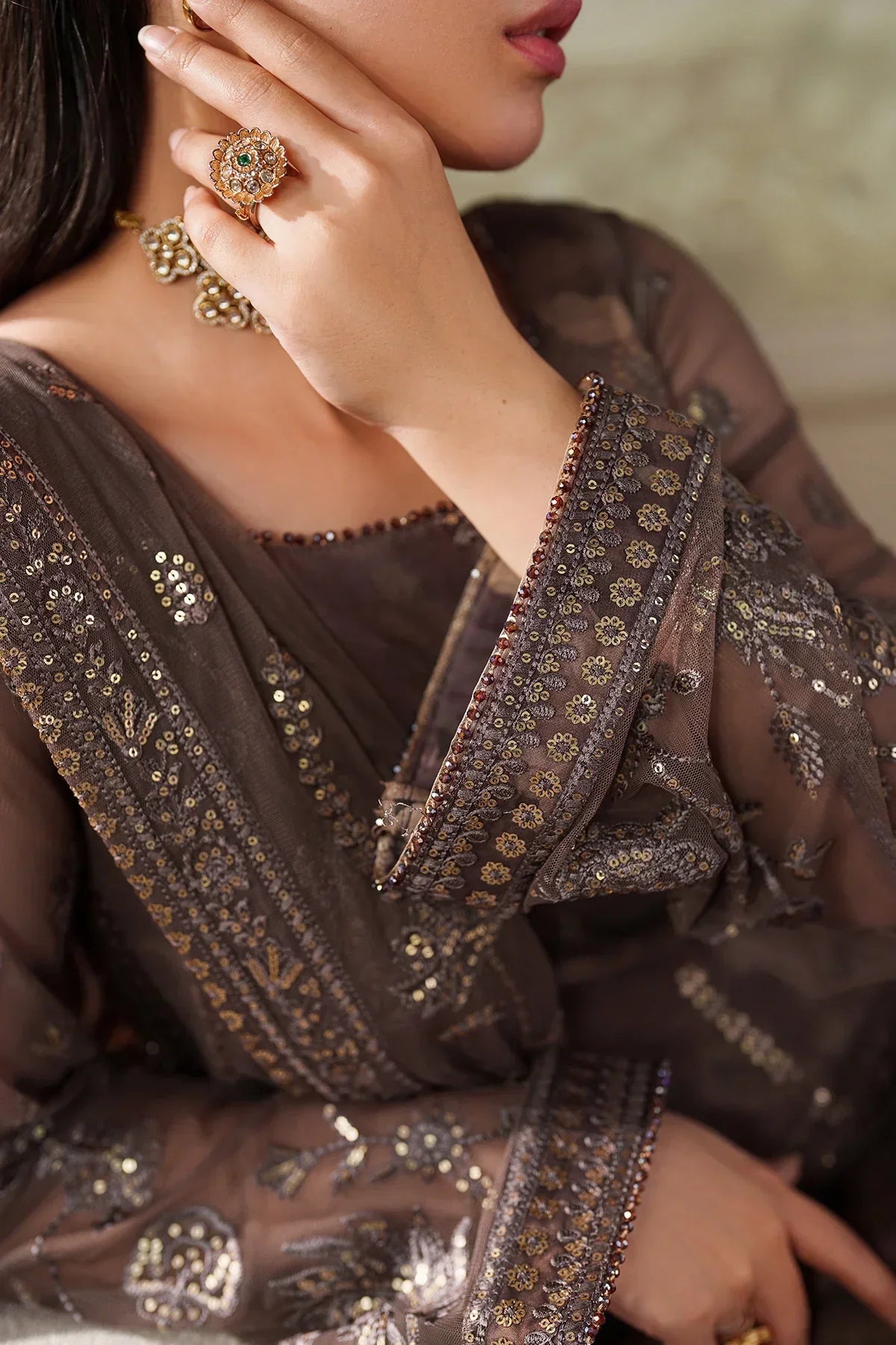"Detailed drape view of the fluid embroidered dupatta paired with the Zarif ZRF-ZPE-08 MAHVEER luxury ensemble from Mirha Collections."