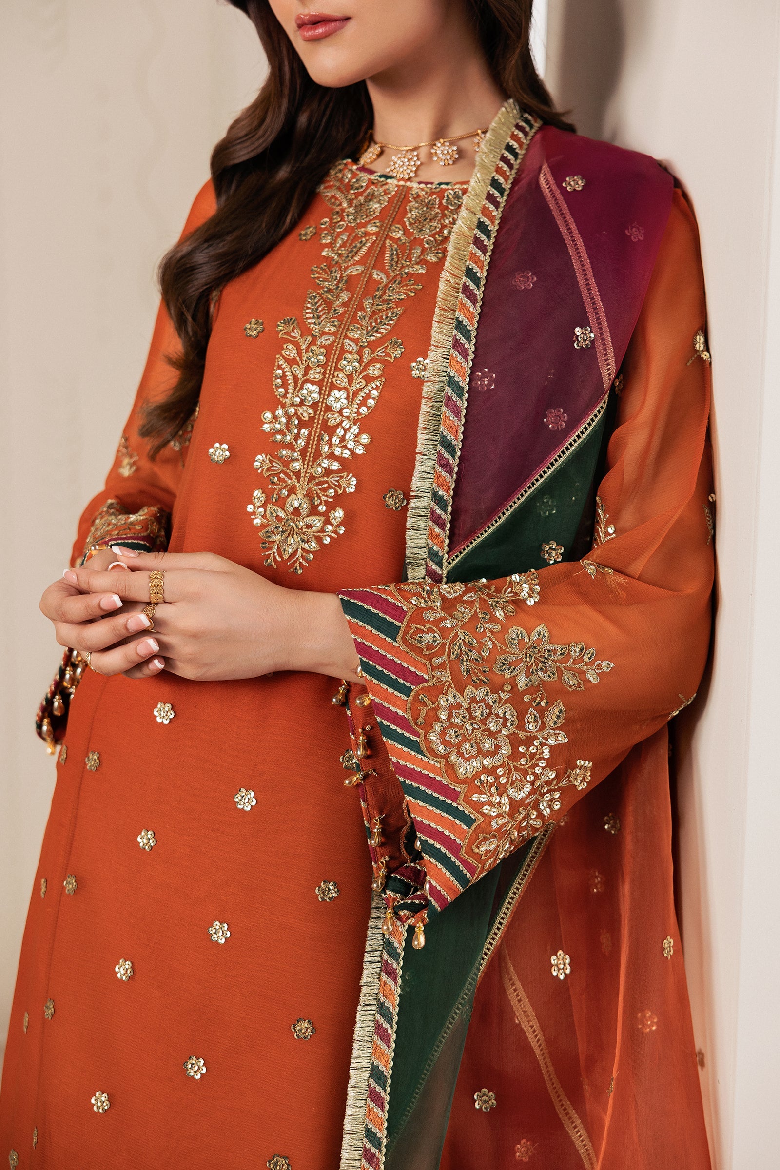 "Close-up view of the Zarif SUNOOR chiffon shirt bodice, highlighting detailed sequins embroidery, neck finishes, and soft fabric texture."