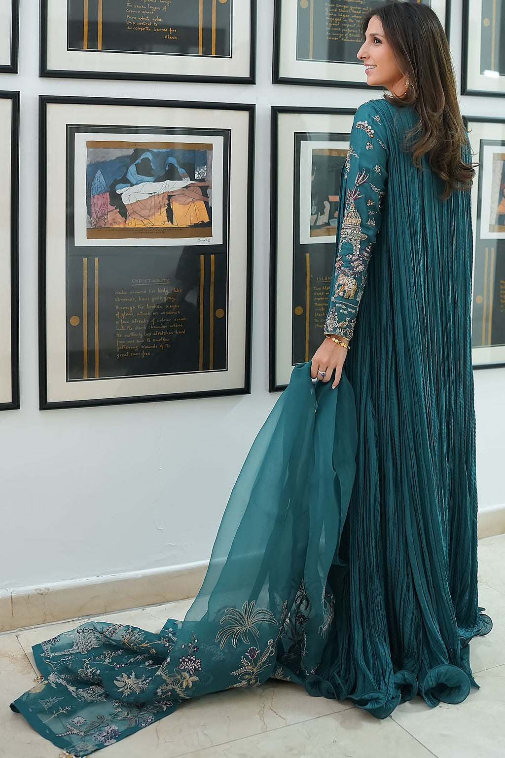 "Detailed drape view of the luxury embroidered dupatta included with the Motifz 0079 Mahnoor silk set from Mirha Collections."