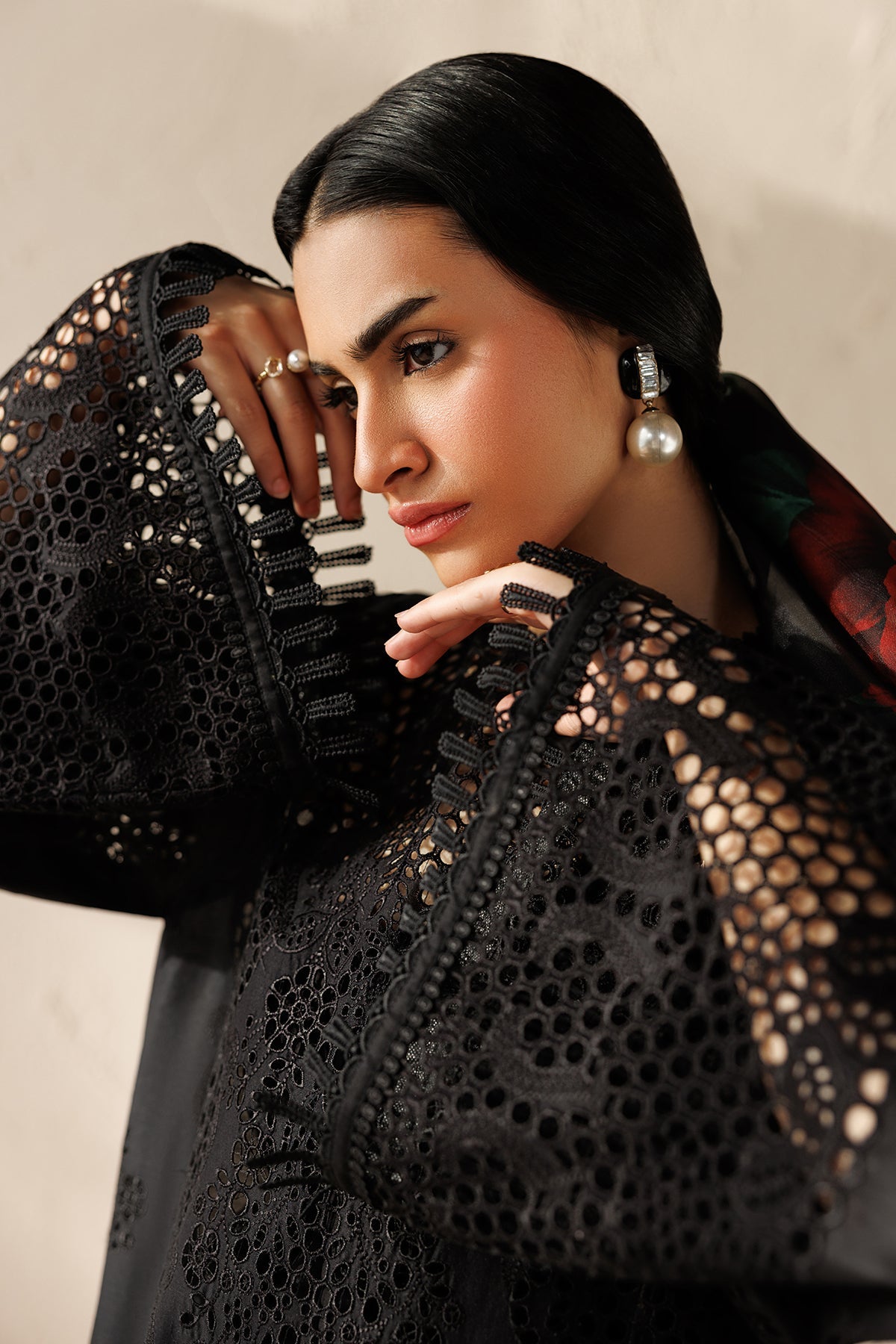 "Detailed shot of the soft luxury dupatta from the Embroidered Lawn UF-4521 collection, emphasizing its vibrant print or embroidery sprays and light fluid drape."