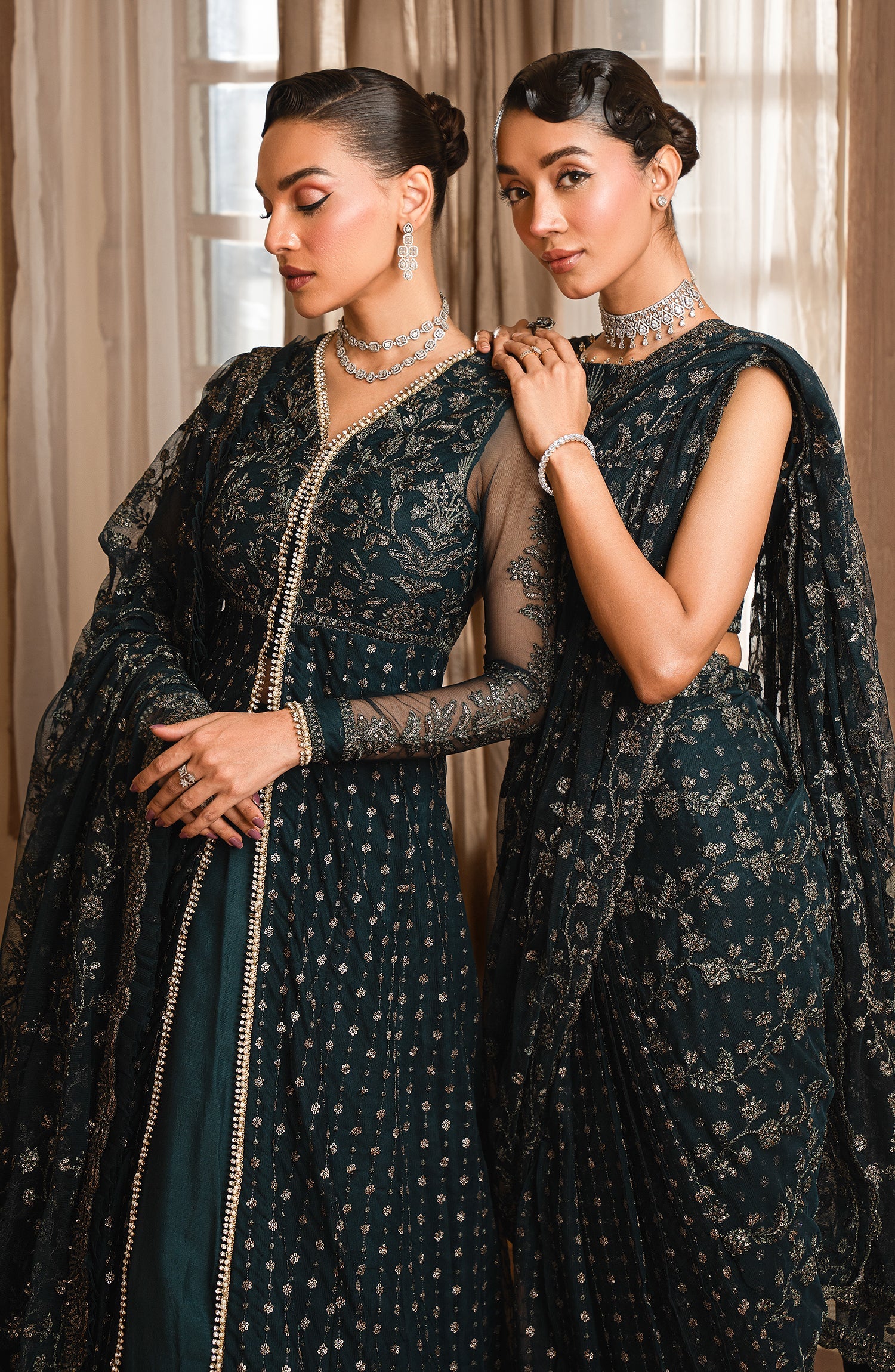 "Focus on the intricate sleeve cuff trimmings and hemline details of the Zarif ZEF 01 ORNA stitched formal suit, showing boutique-quality tailoring."