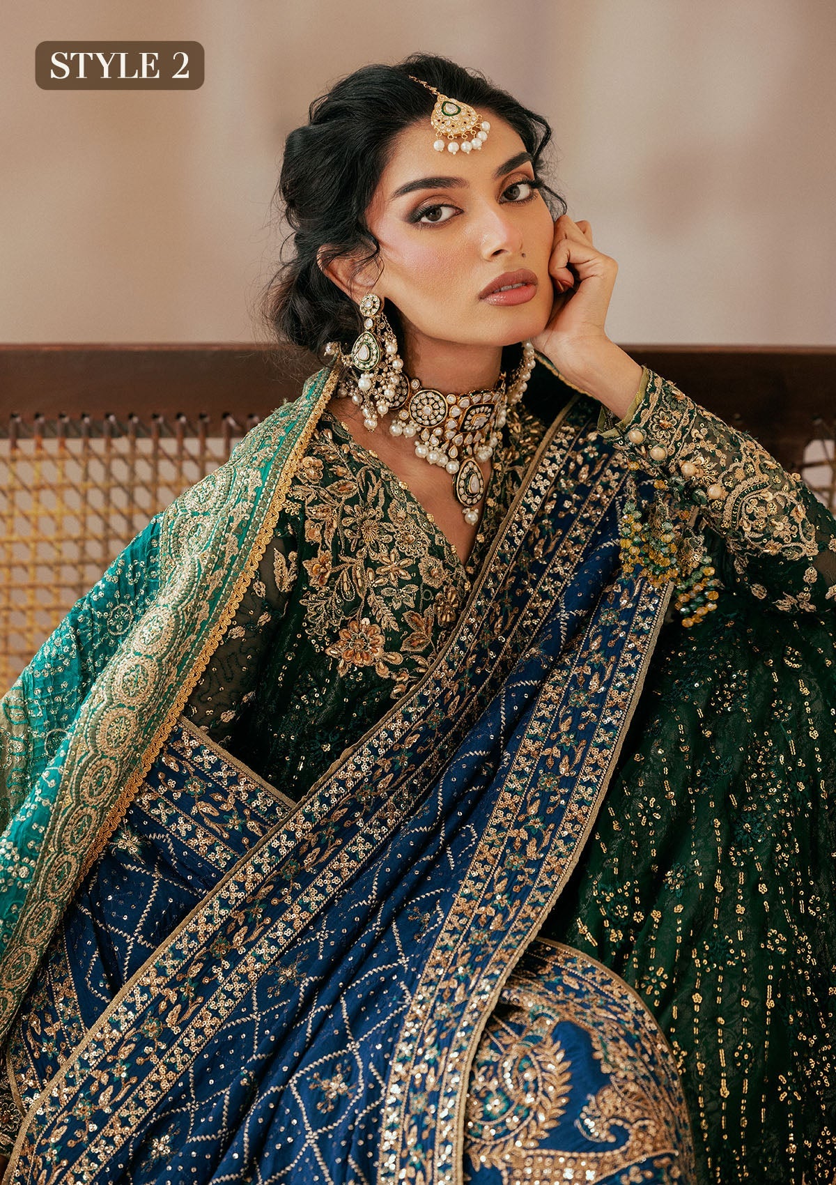"Detailed view of the luxury embroidered dupatta from the Aik Wedding Festive A2604 collection, emphasizing the premium translucent drape, striking embroidery sprays, and neatly attached border extensions."
