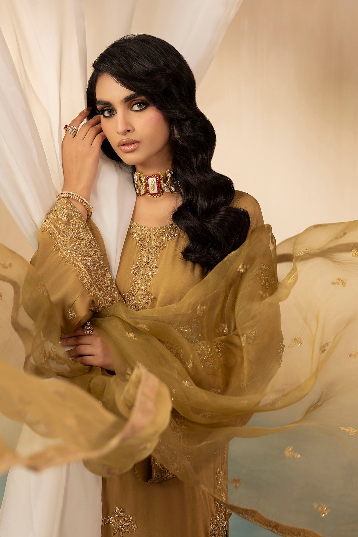 "Detailed drape view of the luxury embroidered dupatta paired with the Motifz 0072 Rosa raw silk set from Mirha Collections."