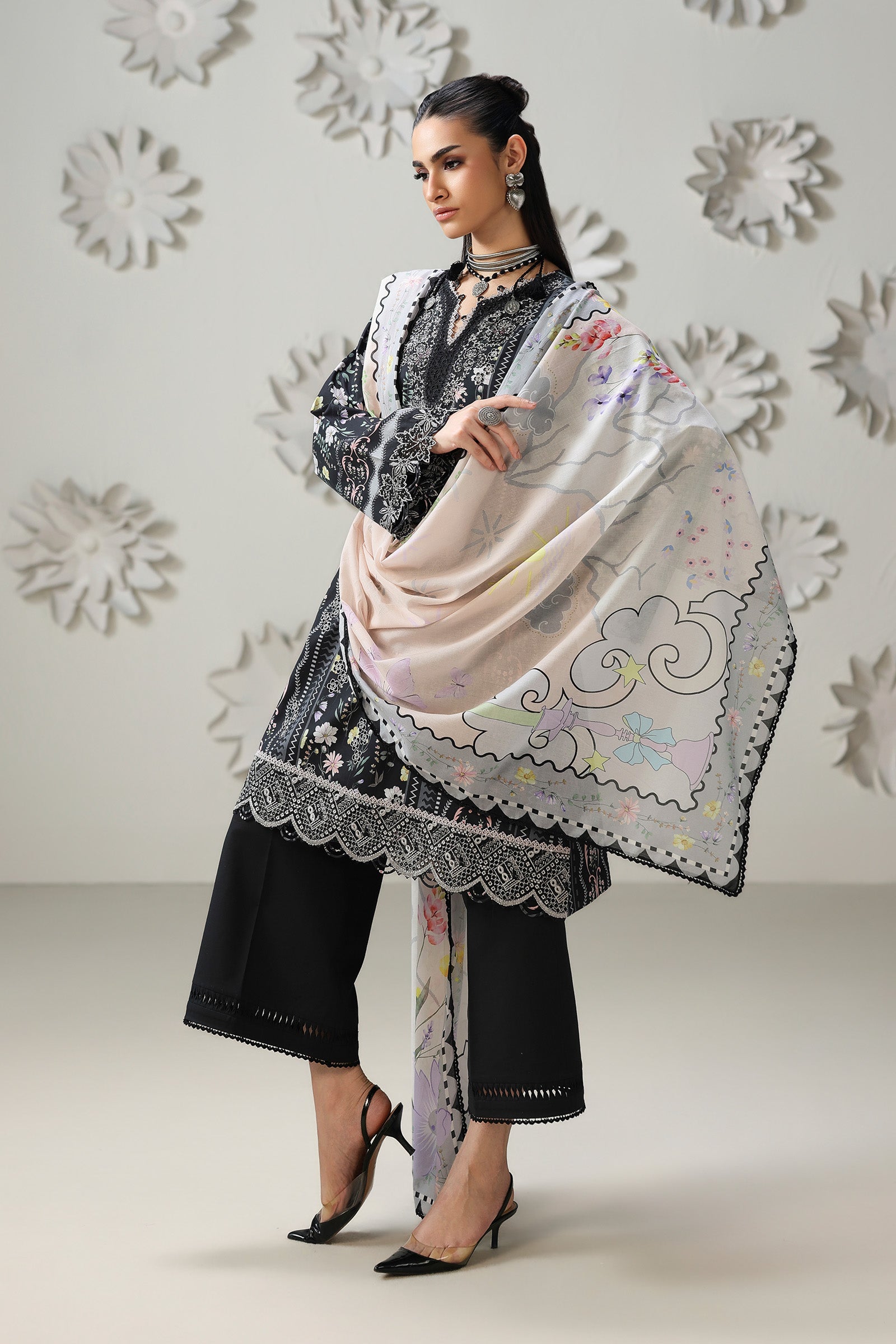 "Detailed drape view of the fluid printed and embroidered dupatta paired with the Qalamkar QQP-08 (A) AMEL luxury ensemble from Mirha Collections."