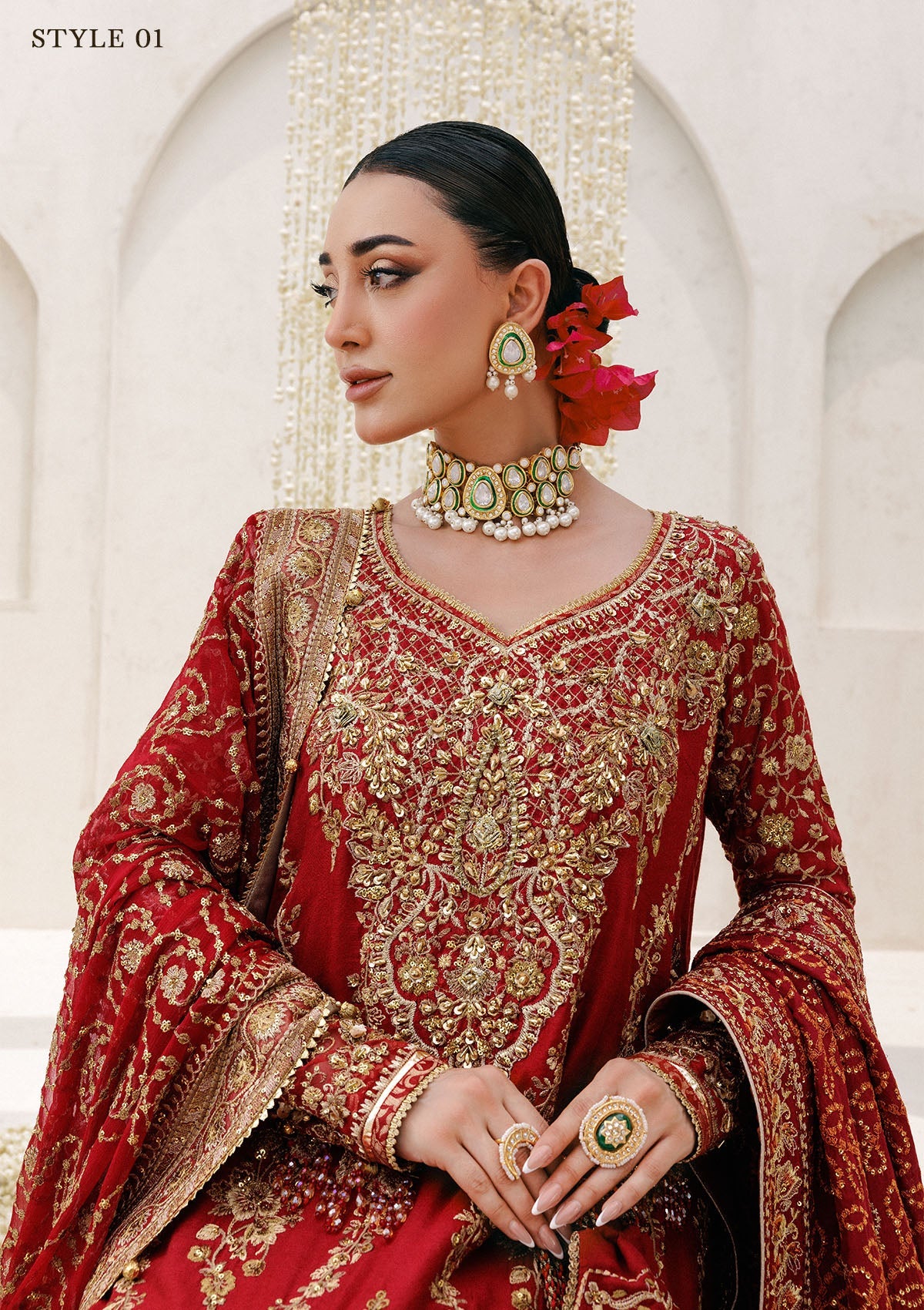 "Close-up premium craftsmanship on Aik Wedding Festive Look B2501 dress, highlighting the intricate traditional Ada hand embellishments, delicate threadwork layouts, and shimmering metallic details across the neckline."