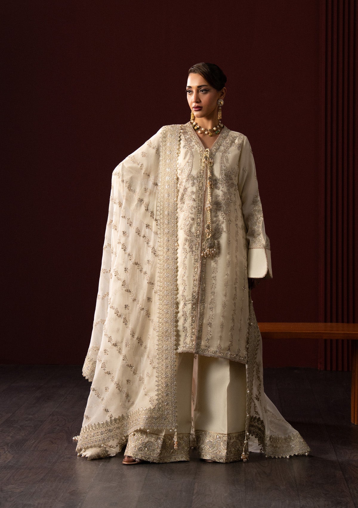 "Detailed shot of the luxury dupatta from the Lady Aik A2501 collection, highlighting its soft texture, elegant print or embroidery sprays, and light fluid drape."