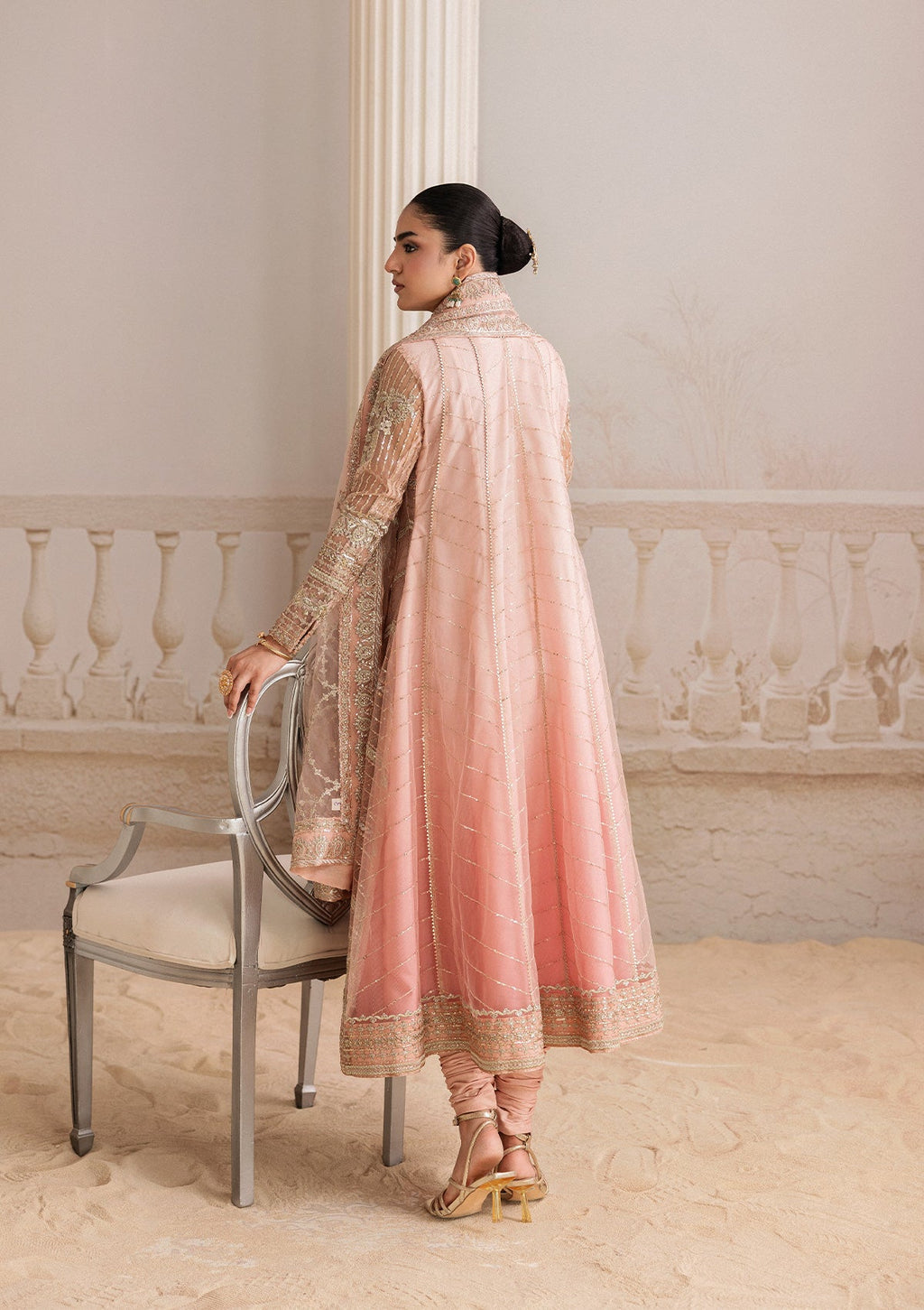 "Detailed shot of the luxury dupatta from the Aik Shaam B2605 ensemble, showcasing fine embroidery sprays and neatly finished border trims."