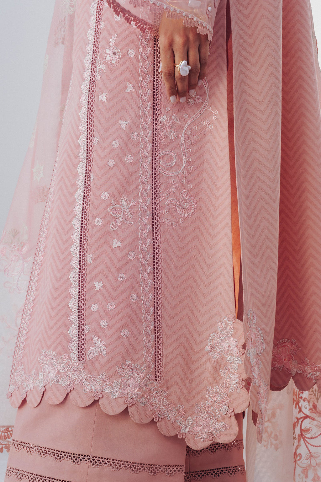 "Detailed drape view of the fluid luxury embroidered dupatta paired with the Qalamkar QBP-03 GIANA formal suit from Mirha Collections."