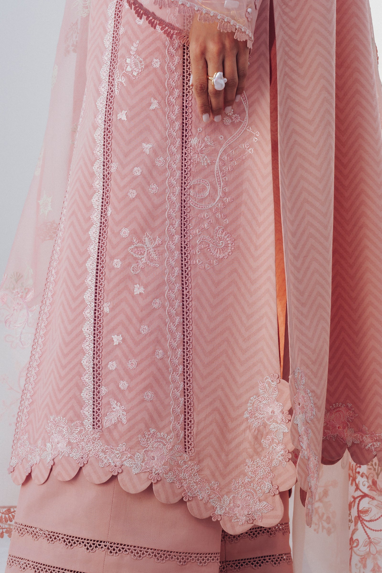 "Detailed drape view of the fluid luxury embroidered dupatta paired with the Qalamkar QBP-03 GIANA formal suit from Mirha Collections."