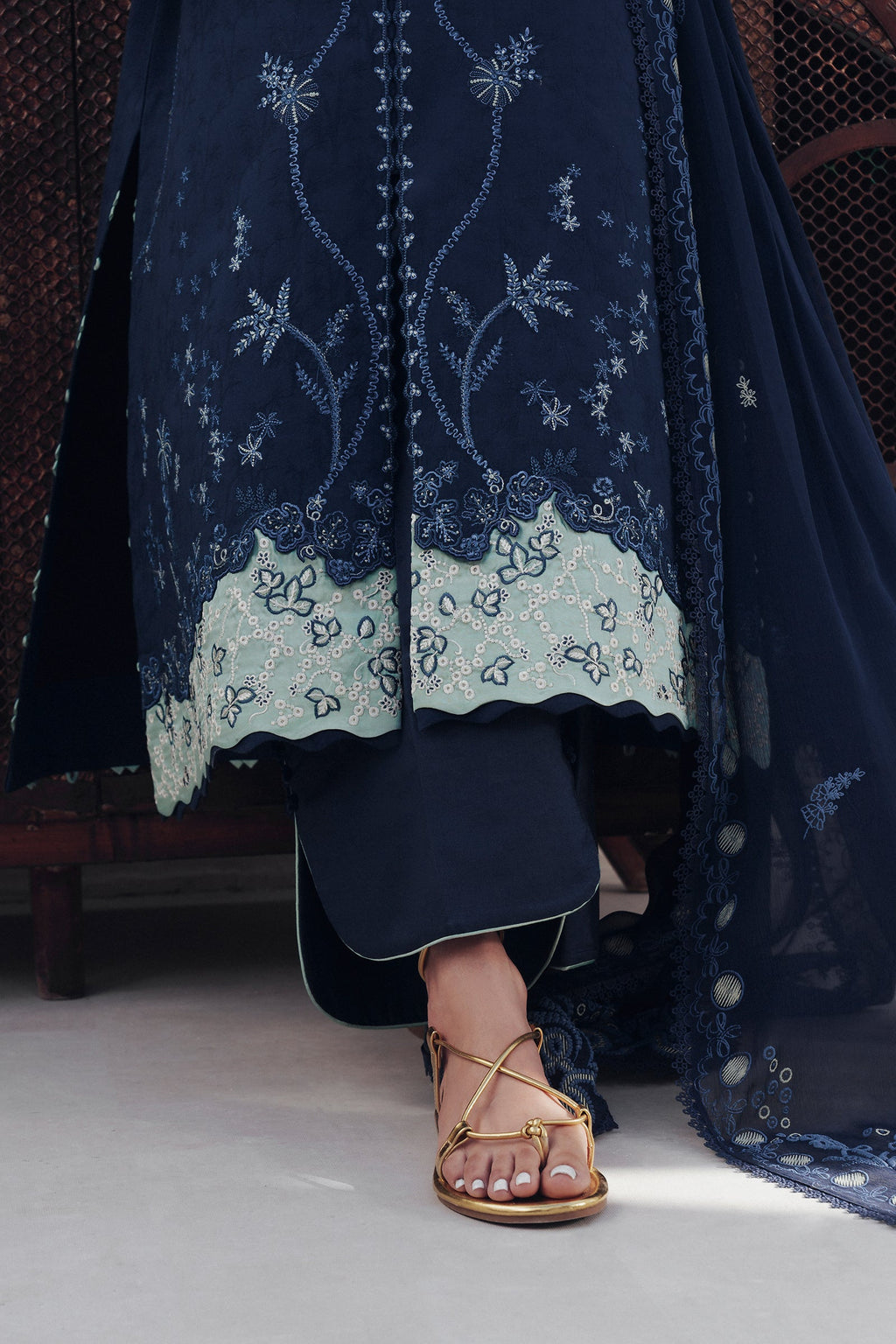 "Detailed drape view of the fluid luxury embroidered dupatta paired with the Qalamkar QBP-02 DARIA formal suit from Mirha Collections."
