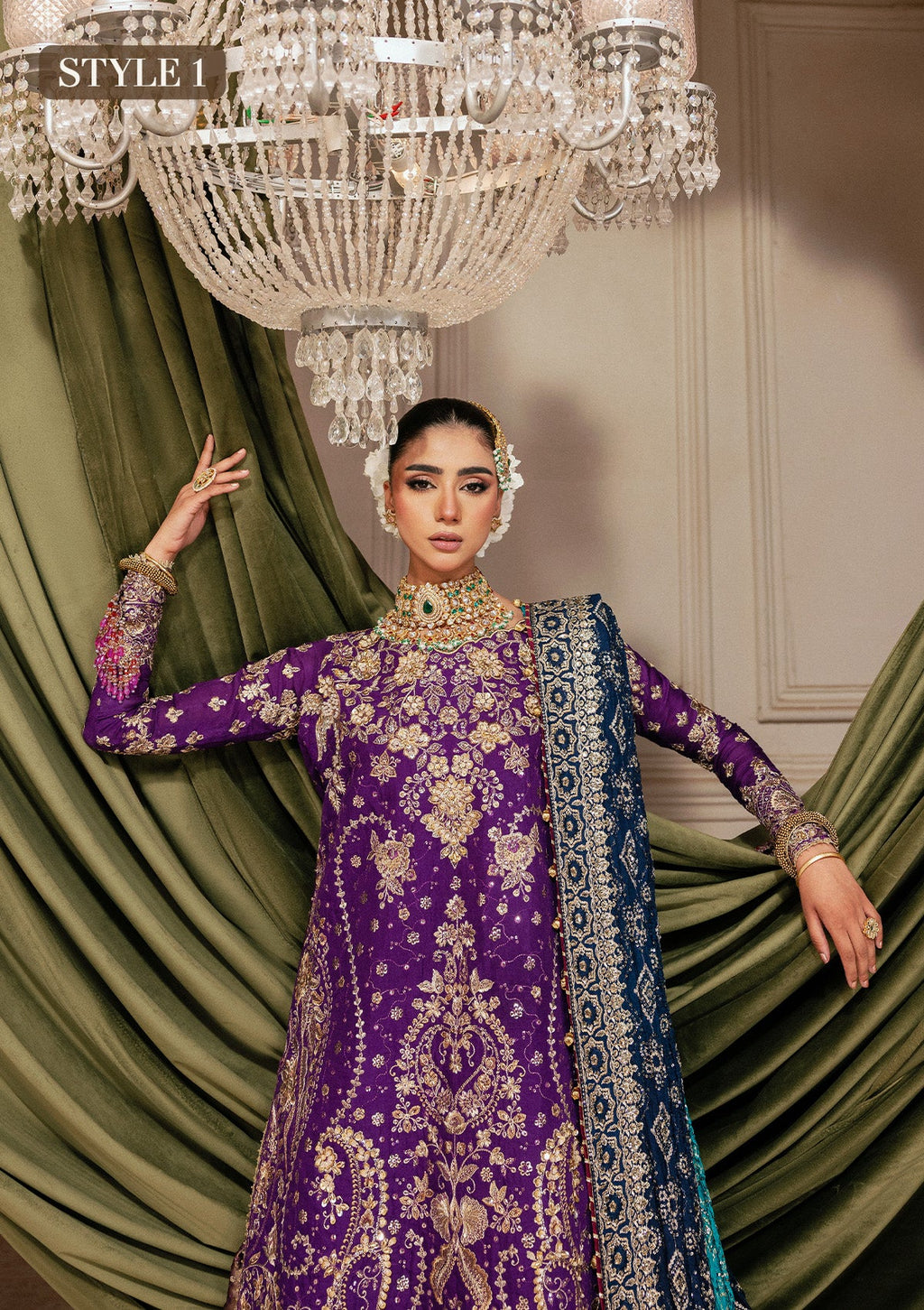 "another Close-up premium craftsmanship on Look A2601 festive dress, highlighting the intricate traditional hand embellishments, delicate threadwork on the medium silk base, and the attached sheer organza front patch border."