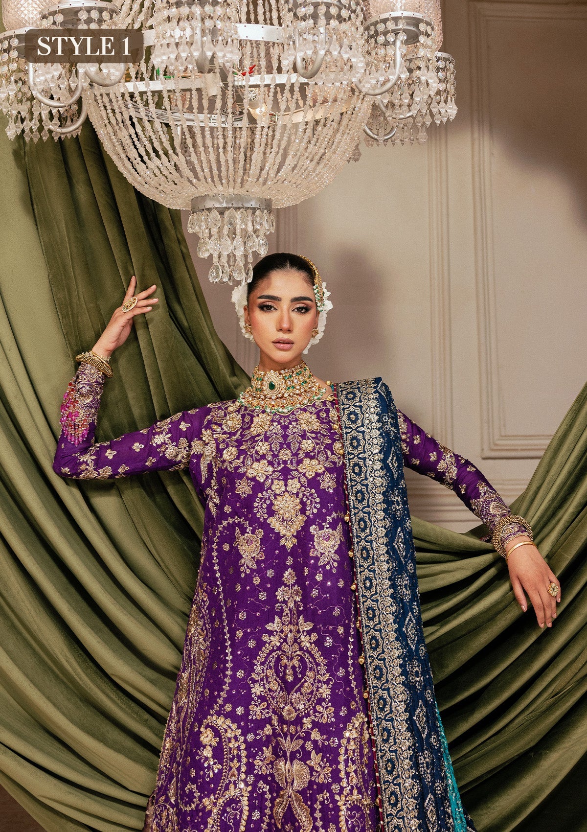 "another Close-up premium craftsmanship on Look A2601 festive dress, highlighting the intricate traditional hand embellishments, delicate threadwork on the medium silk base, and the attached sheer organza front patch border."