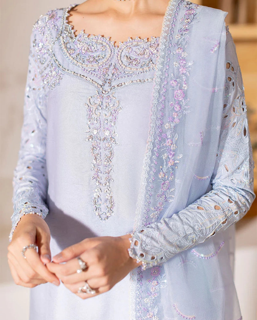 "Close-up detailing on the Mushq Verve shirt bodice, displaying fine threadwork embroidery, embellished neck finishes, and soft fabric texture."