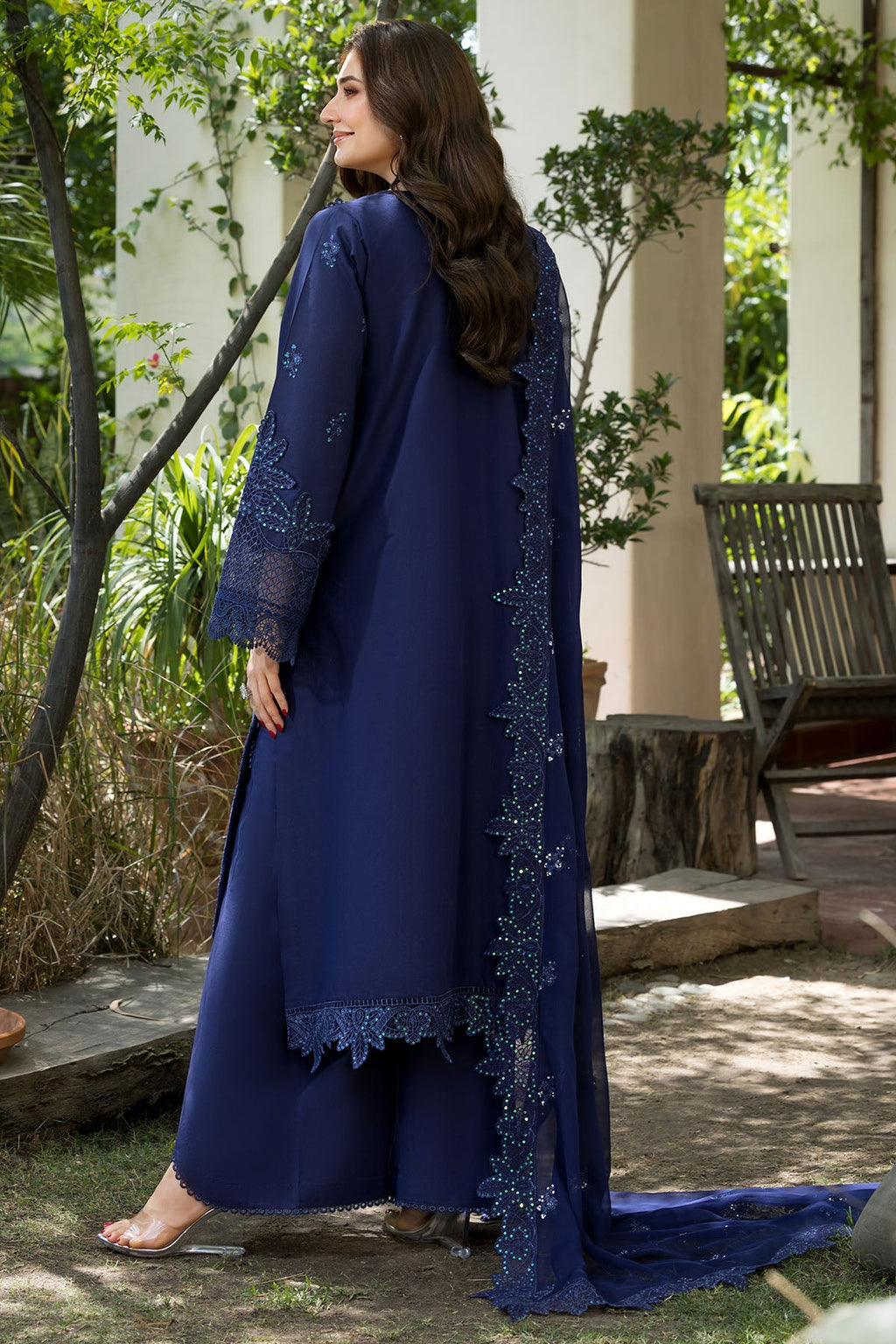 "Focus on the unstitched organza patch borders and sleeve trims of Motifz Campania, displaying multi-textured embroidered borders, neat lace insertions, and rich fabric texture."