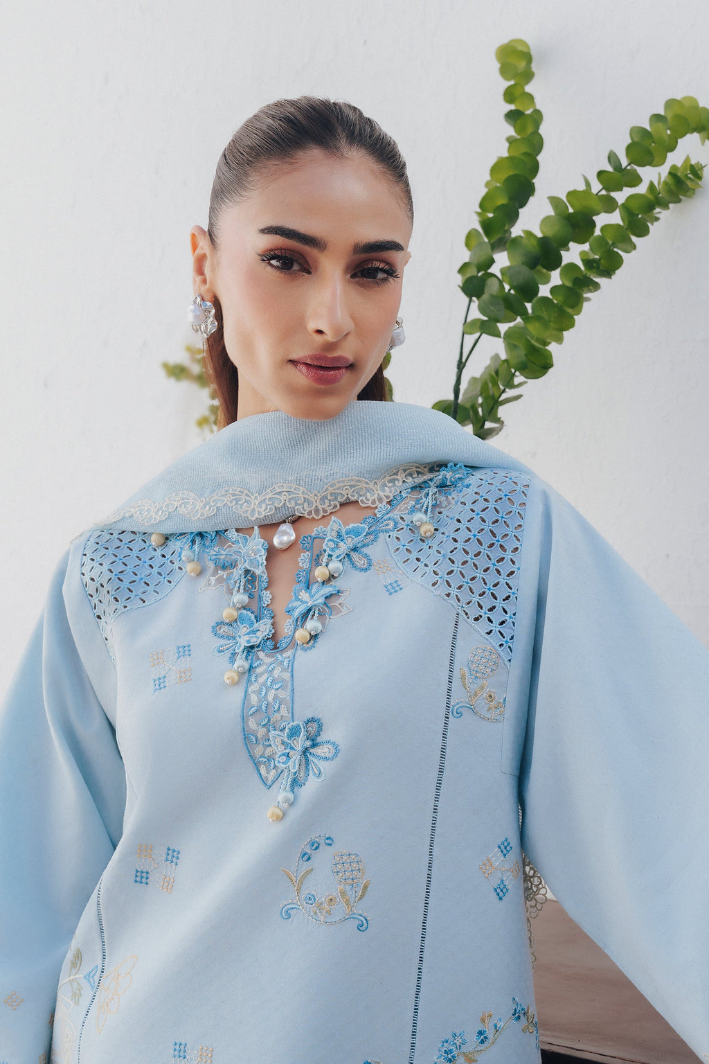 "Detailed drape view of the fluid luxury embroidered dupatta paired with the Qalamkar QBP-05 MARTA formal suit from Mirha Collections."