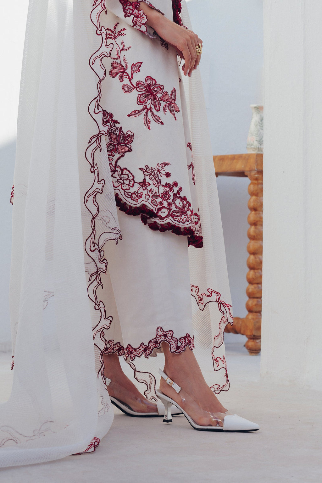 "Detailed drape view of the fluid luxury embroidered dupatta paired with the Qalamkar QBP-01 ALBA formal suit from Mirha Collections."