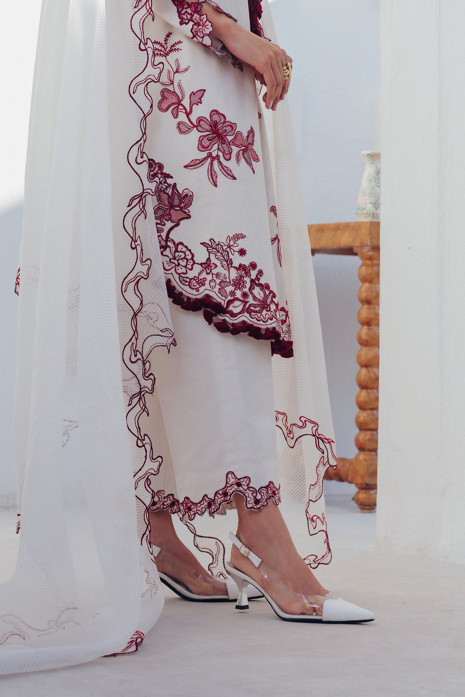 "Detailed drape view of the fluid luxury embroidered dupatta paired with the Qalamkar QBP-01 ALBA formal suit from Mirha Collections."