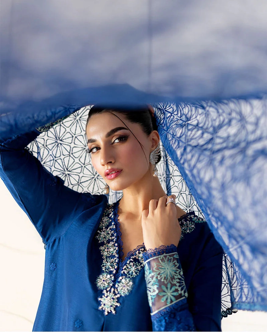"Focus on the intricate sleeve cuff trimmings and lace hemline details of the Mushq Kayra stitched luxury suit, showing boutique-quality tailoring."