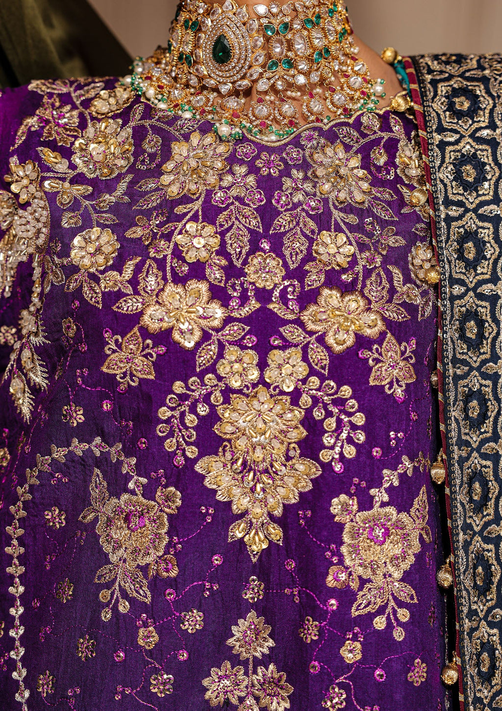 "Full Detailed view of the luxury medium silk dupatta from the Wedding Festive A2601 collection, emphasizing the premium soft fluid drape, striking embroidered motifs, and neatly stitched silk border panels."