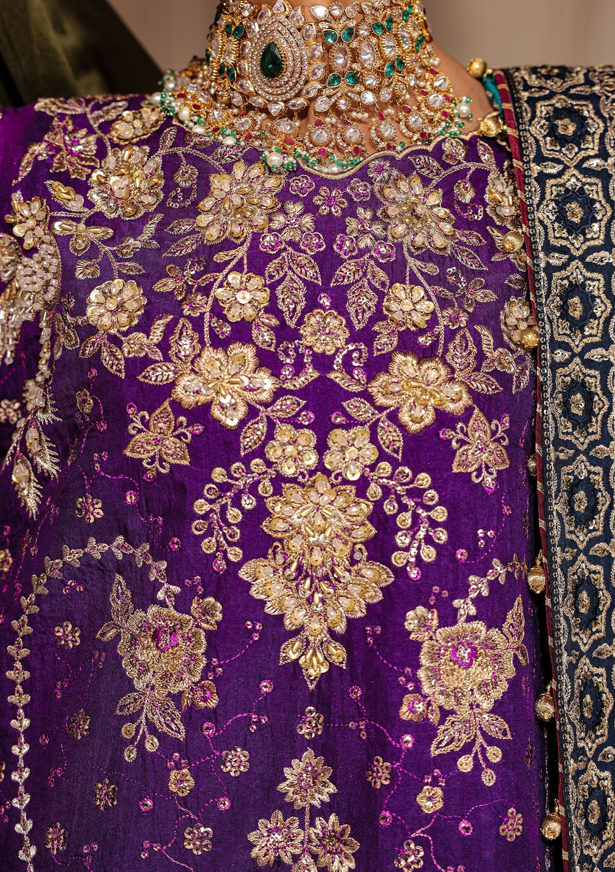"Full Detailed view of the luxury medium silk dupatta from the Wedding Festive A2601 collection, emphasizing the premium soft fluid drape, striking embroidered motifs, and neatly stitched silk border panels."