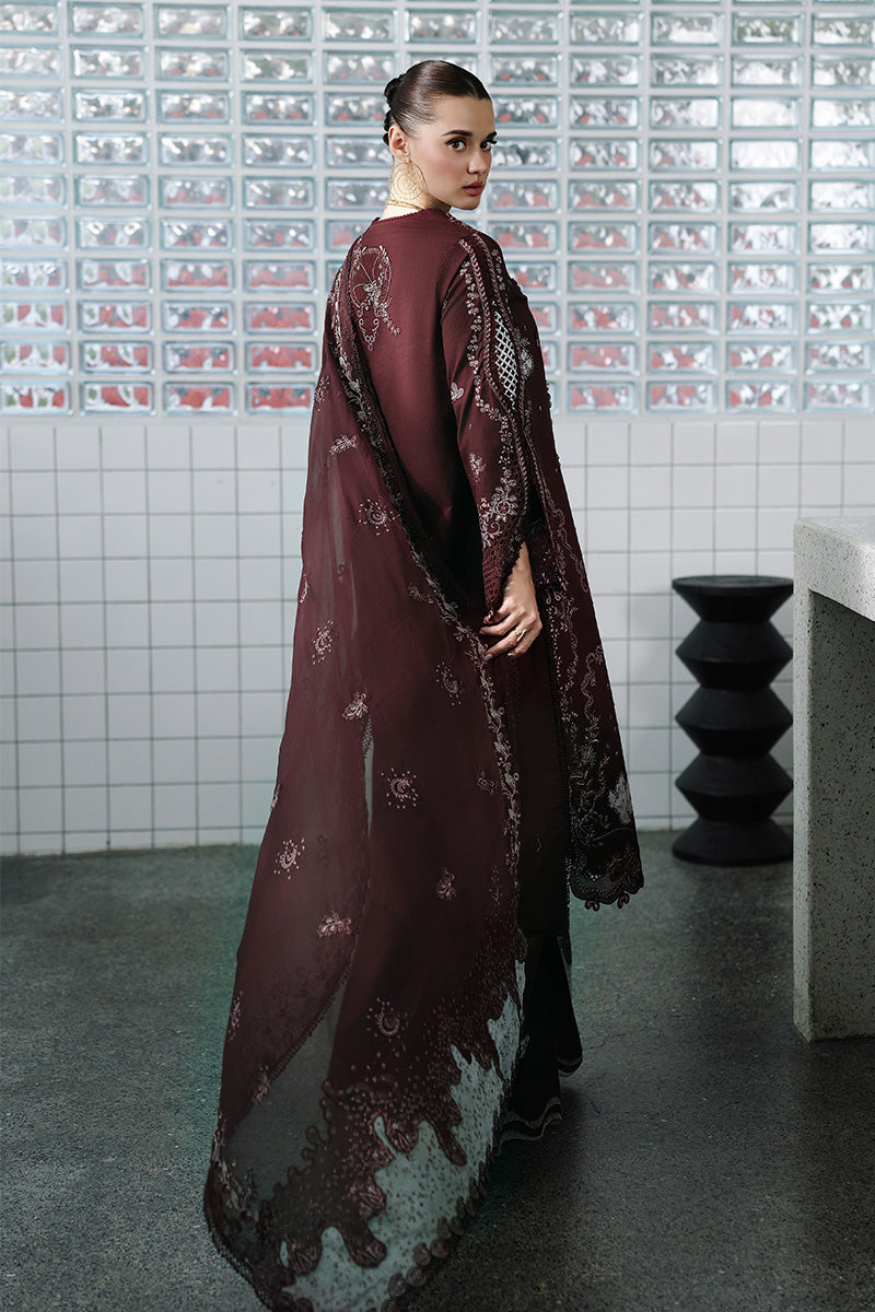 "Detailed drape view of the fluid embroidered chiffon dupatta with digital printed pallu lace paired with the Qalamkar CM-01 ESHAL formal suit from Mirha Collections."