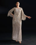 "Mirha Collections Mushq Nuru luxury embroidered stitched three-piece suit. Full-length front view featuring tailored shirt, designer dupatta, and trousers."