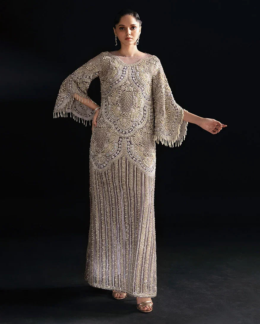 "Mirha Collections Mushq Nuru luxury embroidered stitched three-piece suit. Full-length front view featuring tailored shirt, designer dupatta, and trousers."