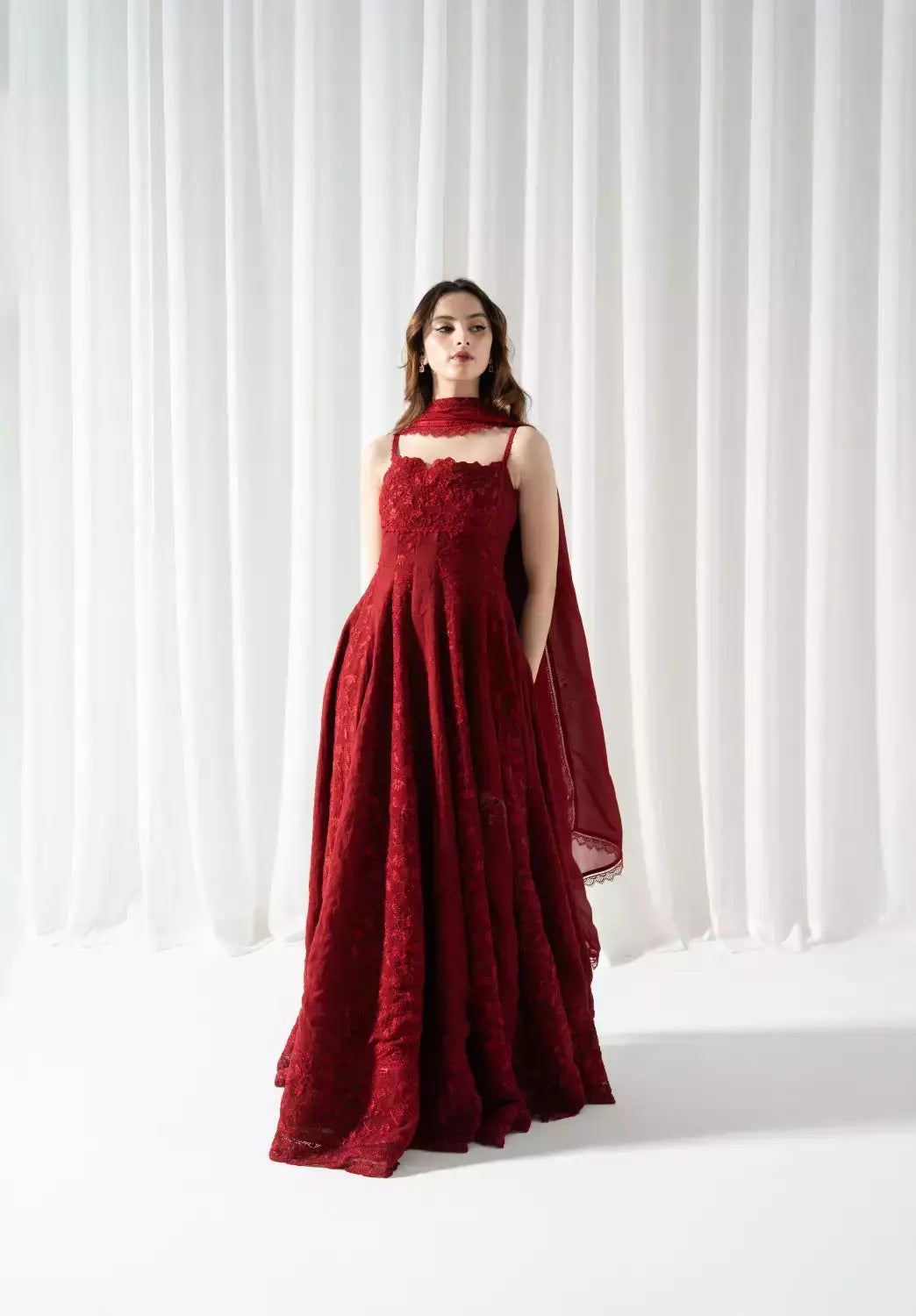 "Detailed drape view of the premium silk dupatta paired with the LXM Red Cotton Net Kalidaar ensemble from Mirha Collections."