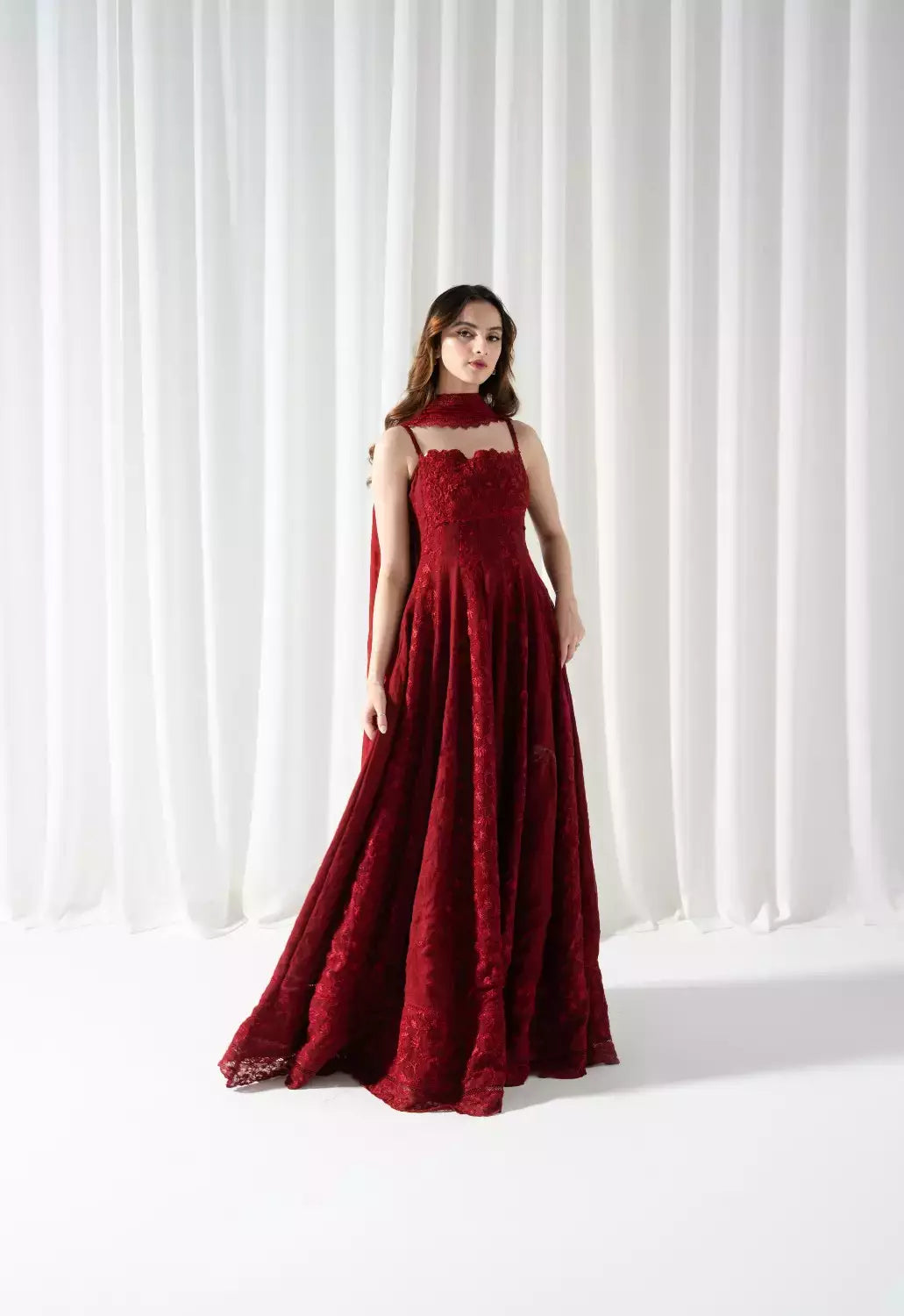 "Focus on the wide flared Kalidaar hemline and straight trouser finishings of the LXM Red Cotton Net stitched suit, showing boutique tailoring."